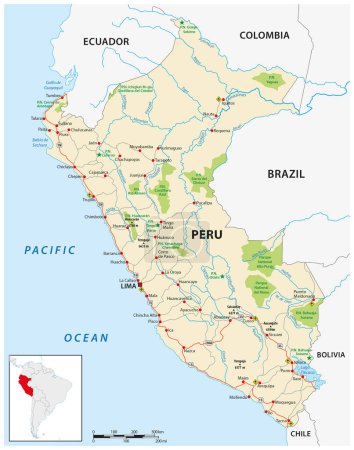 Ilustración de Perú mapa de carreteras y parques nacionales - Imagen libre de derechos