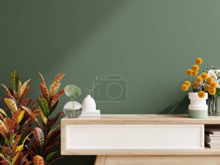 Green wall panelling with wooden cabinet in kitchen room.3d rendering