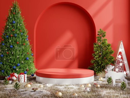 Foto de Podio de la exhibición del producto con el árbol de Navidad en el área del bosque en la pared roja background.3d rendering - Imagen libre de derechos