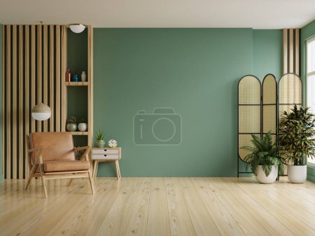 Foto de Sala de estar de lujo en casa con sillón de cuero y decoración mínima en la pared verde vacía background.3d rendering - Imagen libre de derechos