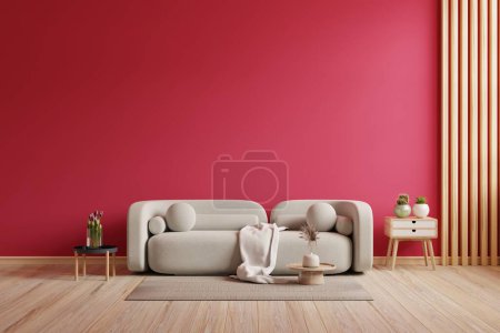 Viva magenta wand hintergrund mockup mit sofa-möbeln und decor.3d rendering