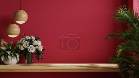 Photo for Viva magenta wall panelling with wooden shelf in kitchen room.3d rendering - Royalty Free Image