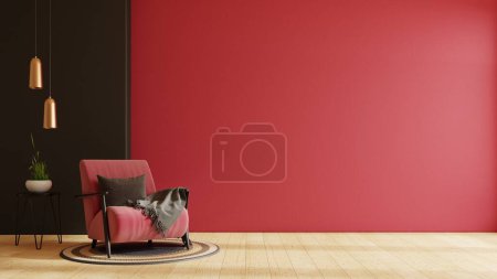 Téléchargez les photos : Viva magenta fond de mur maquette avec des meubles de fauteuil et décor.3d rendu - en image libre de droit