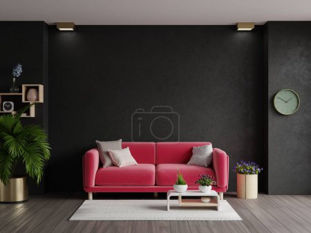 Pared oscura fondo maqueta con muebles de sofá viva magenta y decoración del año 2023.3d renderizado