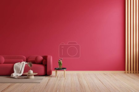 Téléchargez les photos : Viva magenta fond de mur maquette avec meubles canapé et décor de l'année 2023.3d rendu - en image libre de droit