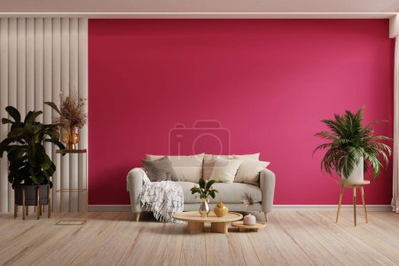 Téléchargez les photos : Viva magenta color wall background mockup with sofa furniture and decor.3d rendering - en image libre de droit