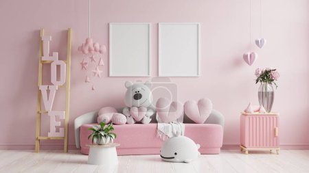Foto de Mockup frame in the valentine's day with white sofa on pink color wall.3d rendering - Imagen libre de derechos