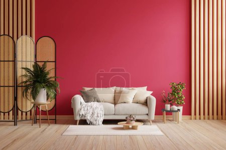 Téléchargez les photos : Livingroom in trend viva magenta wall background mockup with sofa furniture and decor.3d rendering - en image libre de droit
