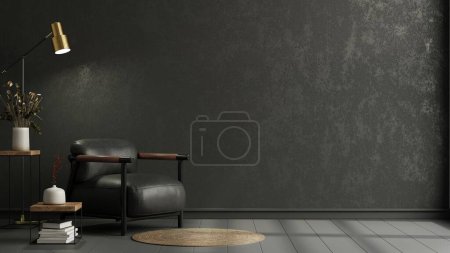Photo for Wall mockup in black tones with leather armchair on dark wall.3d rendering - Royalty Free Image