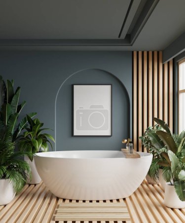 Foto de Marco del cartel maqueta en acogedor baño azul oscuro interior background.3d rendering - Imagen libre de derechos