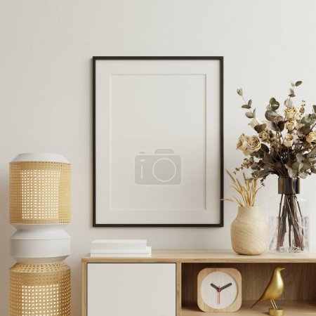Cartel maqueta con marco negro vertical en el interior del hogar background.3d rendering