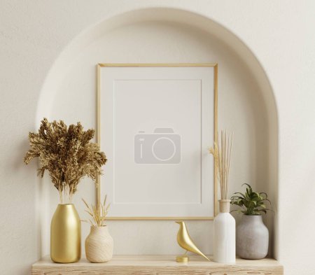 Wooden frame mockup standing on wooden planks in warm beige interior. 3d rendering