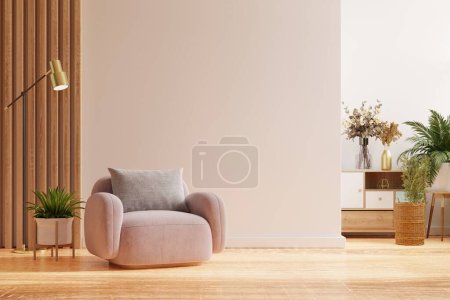Foto de Pared maqueta con sillón rosa y decoración de accesorios en la sala de estar.3d renderizado - Imagen libre de derechos