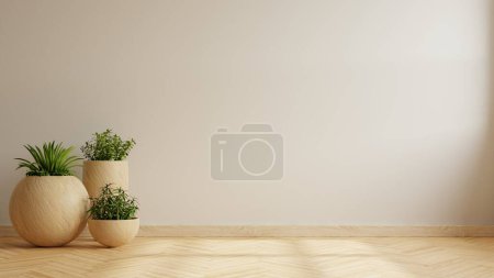 Téléchargez les photos : Modélisation murale avec plante fixée sur plancher en bois.3d rendu - en image libre de droit