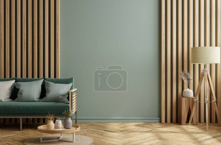 Foto de Mockup pared verde y listón de madera con sofá verde y decoración en la representación living room.3d - Imagen libre de derechos