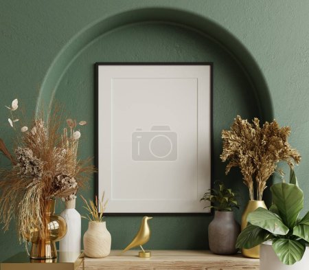 Mockup photo frame green wall mounted on the wooden shelf with beautiful plants.3d rendering