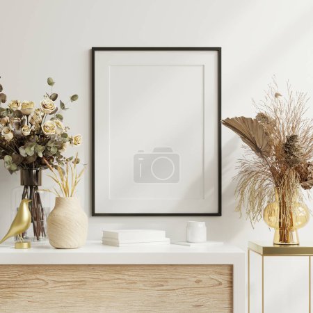 Mockup poster frame close up in cozy white interior background.3d rendering