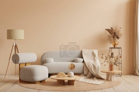 Interior de estilo boho con sofá gris y sillón en color crema fondo de la pared.