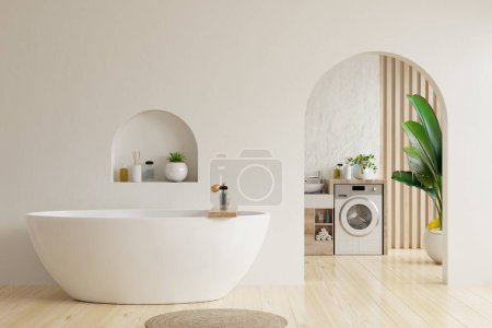 Téléchargez les photos : Salle de bain intérieure en chambre blanche avec baignoire et machine à laver sur mur blanc. - en image libre de droit