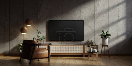 Photo for Living room interior in loft have cabinet for tv and leather armchair in cement room with concrete wall.3d rendering - Royalty Free Image
