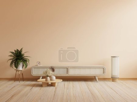 Téléchargez les photos : Cabinet pour TV sur le mur de couleur crème dans le salon, design minimal.3d rendu - en image libre de droit