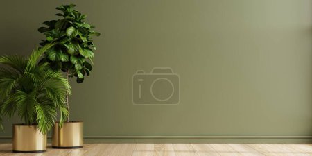 Téléchargez les photos : Mur vert chambre vide avec des plantes sur un plancher.3d rendu - en image libre de droit