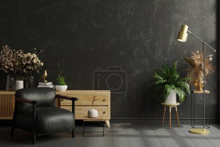 Photo for Interior wall mockup in dark tones with leather armchair on black wall background.3d rendering - Royalty Free Image