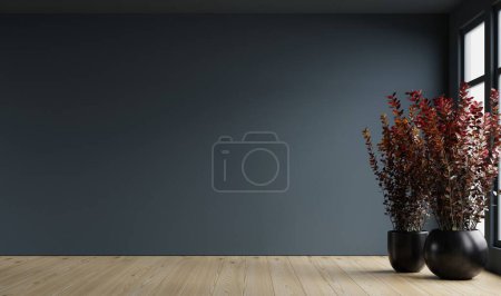 Téléchargez les photos : Mur bleu foncé chambre vide avec des plantes sur un plancher.3d rendu - en image libre de droit