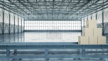 Foto de Almacén vacío y caja de embalaje en la renderización industrial plant.3d - Imagen libre de derechos