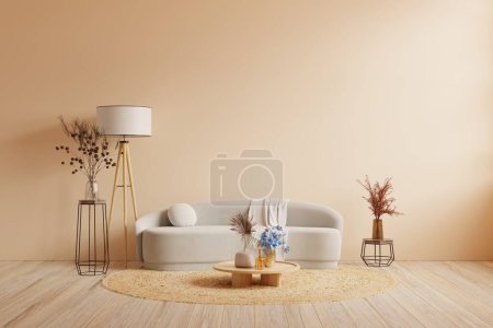 Téléchargez les photos : Modélisation murale intérieure minimaliste moderne avec canapé et décor sur un mur de couleur crème. - en image libre de droit