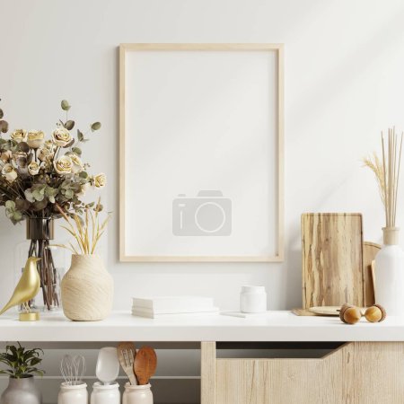 Poster mockup with vertical wooden frame in home interior background.3d rendering
