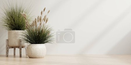 Téléchargez les photos : Blanc fond mural chambre vide avec des plantes sur un plancher en bois.3d rendu - en image libre de droit