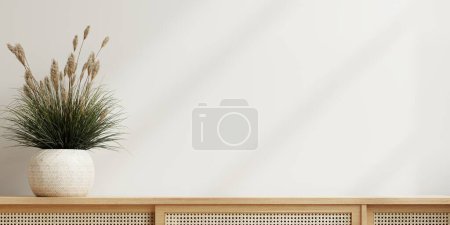 Téléchargez les photos : Mockup blanc fond mural chambre vide avec des plantes sur une armoire en bois.3d rendu - en image libre de droit
