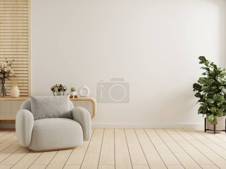 Nowoczesne wnętrze salonu z szarym fotelem na pustym białym tle ściany.3d rendering
