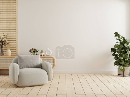 Foto de Interior moderno de la sala de estar con sillón gris en la pared de color blanco vacío background.3d representación - Imagen libre de derechos