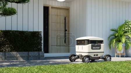 Food delivery robot is driving delivers to the front of the house quickly.3d rendering