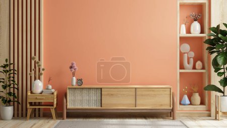 Foto de Interior moderno de la sala de pelusa de melocotón con gabinete para tv en la pared de pintura de color melocotón-3D renderizado - Imagen libre de derechos