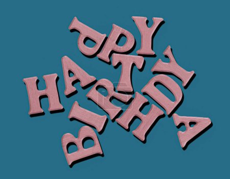 Téléchargez les photos : Un design de carte Happy Birthday avec des lettres de texture en bois mélangé en illustration 3D - en image libre de droit