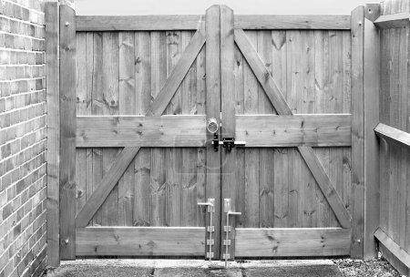 Photo for Double wooden gates with lock and drop bolts in black and white - Royalty Free Image