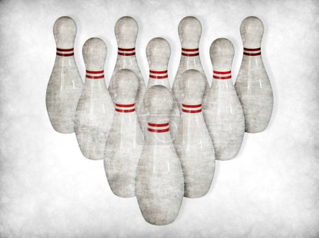 Grungy ten pin bowling pins isolated on a grungy white background