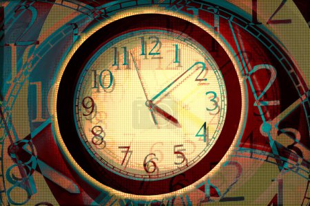 A multicolor clock face closeup abstract art design with halftone effect 