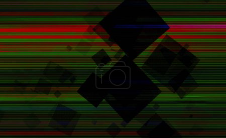 Green and red scan lines abstract design with overlapping black squares 