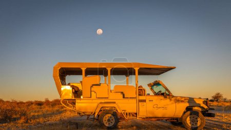 Photo for Safari vehicle at sunset with moon in the back, Onguma Game Reserve, Namibia. - Royalty Free Image