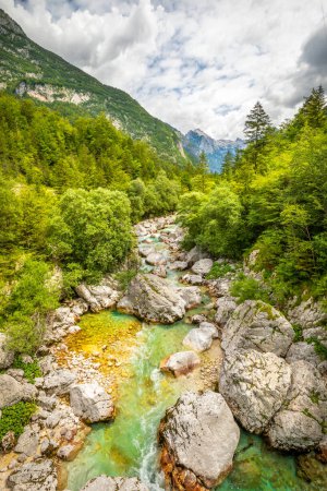Foto de Valle vivo del río Soca de color turquesa cerca de Bovec en el Parque Nacional de Triglav, Alpes Julianos, Eslovenia, Europa. - Imagen libre de derechos