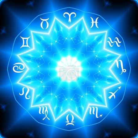 Foto de Círculo mágico con signo zodiacs sobre fondo azul abstracto. Círculo del zodíaco - Imagen libre de derechos