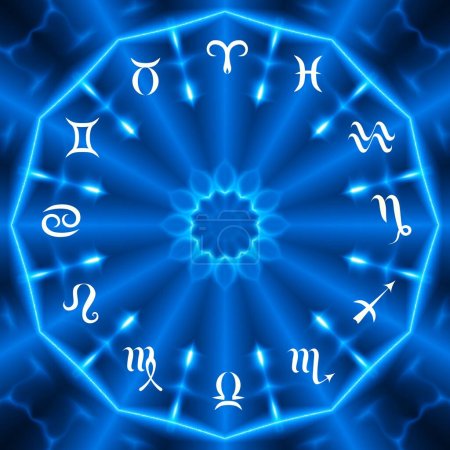Magischer Kreis mit Sternzeichen auf abstraktem blauen Hintergrund. Tierkreis