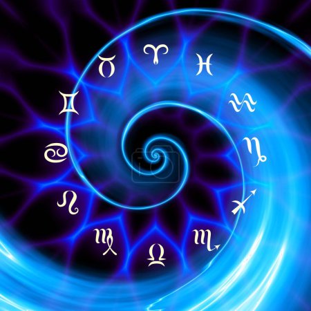 Foto de Círculo mágico con signo zodiacs sobre fondo azul abstracto. Círculo del zodíaco - Imagen libre de derechos