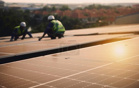 Téléchargez les photos : Techniciens installant des panneaux solaires sur le toit. Focus sélectif sur le panneau solaire. - en image libre de droit