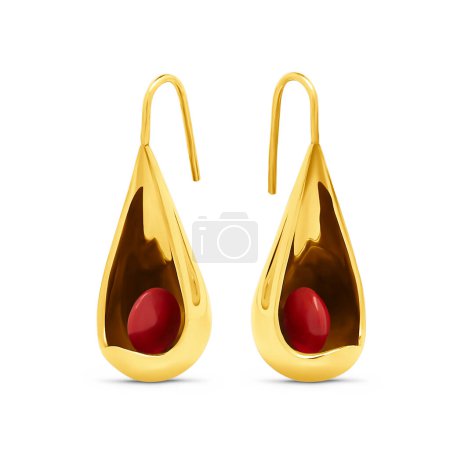 Foto de Pendientes en oro amarillo con inserciones de coral rojo. - Imagen libre de derechos