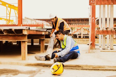 Industrial plant accident large steel bar from high platform falls senior male worker's leg prefabricated house wall production site with safety worker helping lift the steel from his painful ankle.